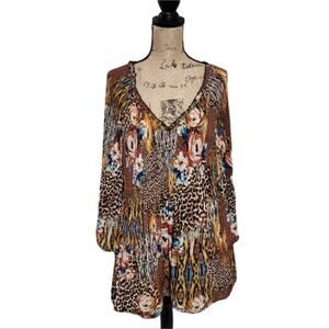 NINETY FLORAL LEOPARD PRINT V-NECK PLEATED BOHO TUNIC LENGTH‎ SHIRT SIZE 2X